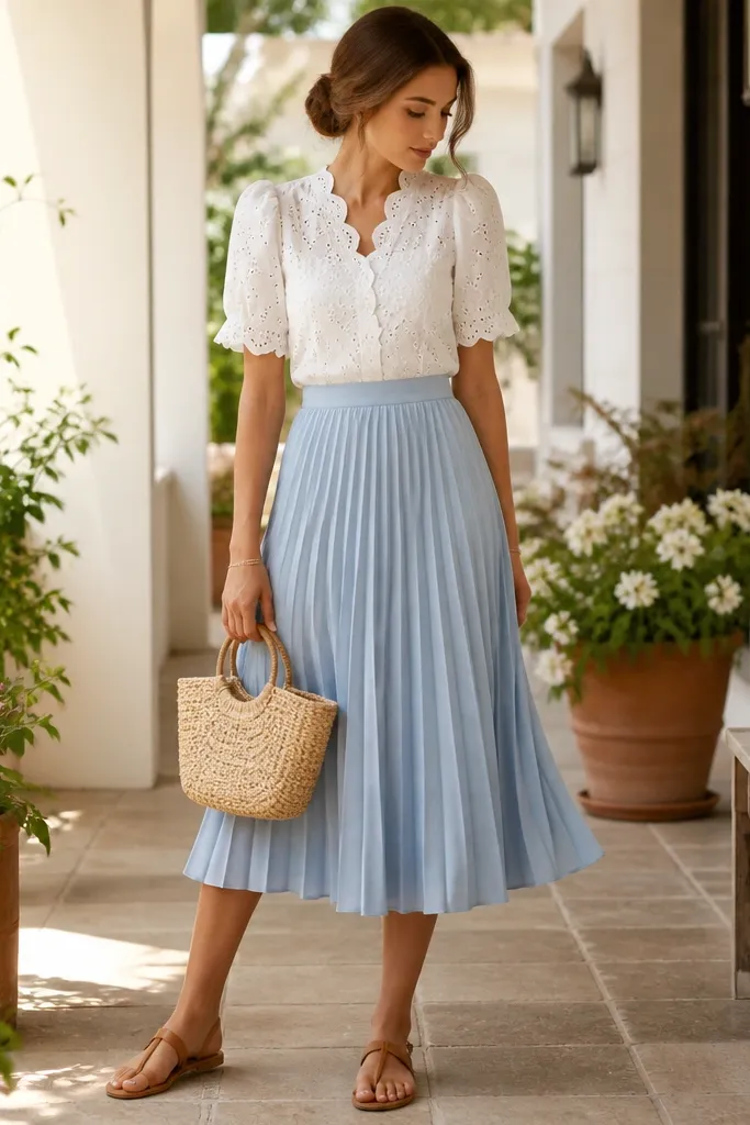 A light blue pleated skirt with a white eyelet blouse tucked in; puff sleeves and scalloped edges are visible. A small woven straw bag and tan sandals complete it.
