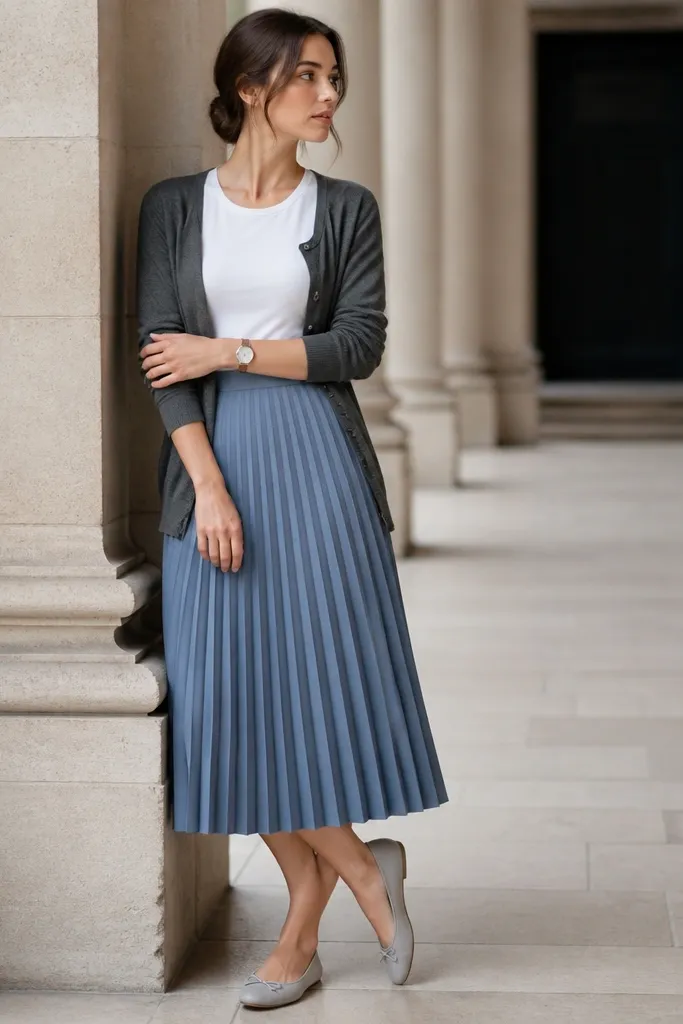 A dusty blue pleated skirt with a charcoal-gray cardigan worn open; a fitted white tee underneath. Ballet flats are light gray, and a simple watch sits on the wrist.