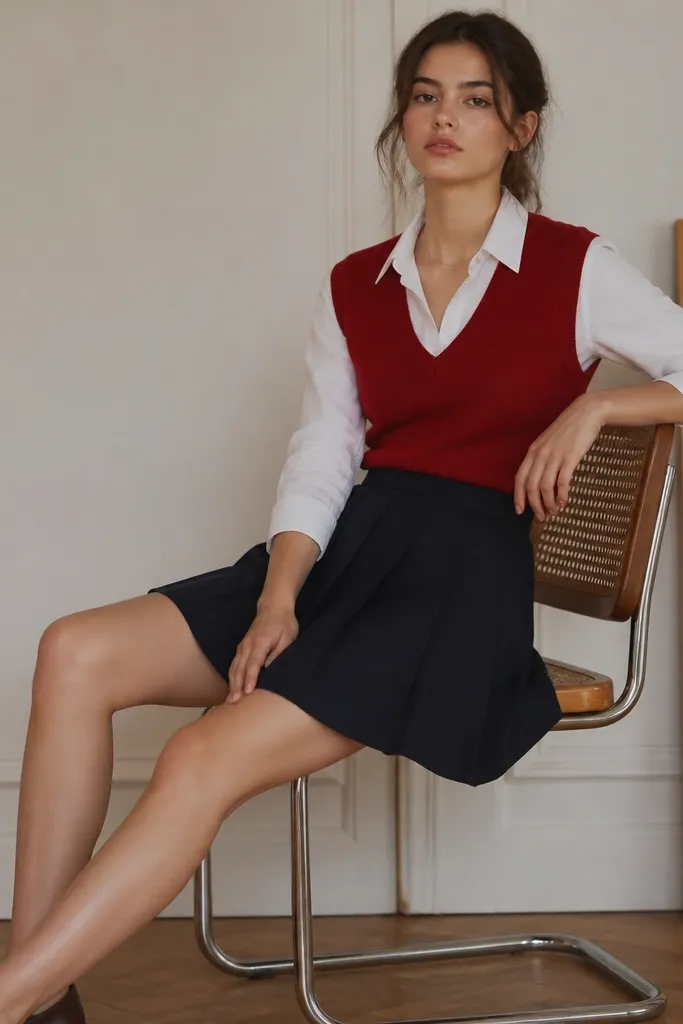 Navy pleated skirt worn with a red sweater vest over a white button-down; loafers in dark brown. A thin gold necklace sits above the collar.