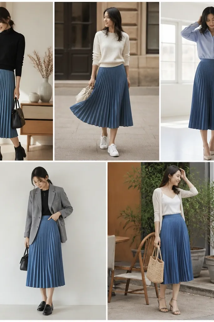Year-round blue pleated skirt outfit ideas