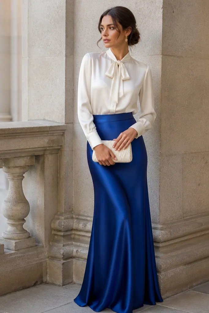 A cream blouse with a small bow at the collar sits over a royal blue satin maxi skirt. The blouse has a slight sheen but is smoother than the skirt. The outfit is finished with gold drop earrings and a cream clutch.