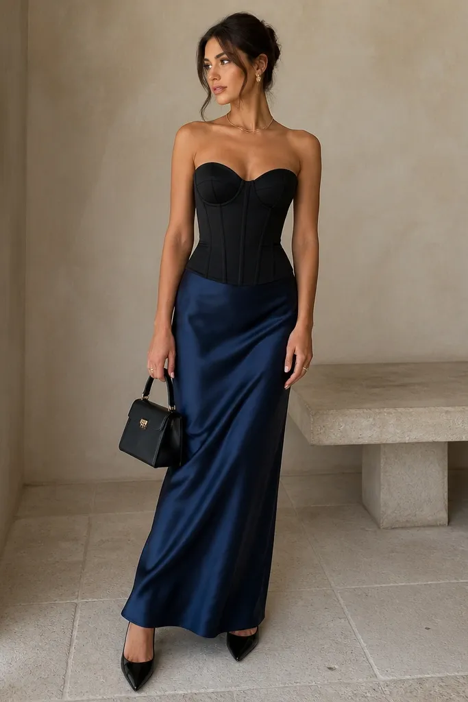 A model wears a black fitted corset-style top with boning lines and a sweetheart neckline, paired with a deep blue satin maxi skirt. Pointed-toe black pumps and a structured black mini bag finish the look.