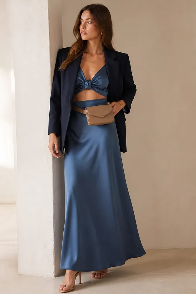 A tailored navy blazer is worn open over a blue satin knot cami. Underneath, a matching blue satin maxi skirt flows to the floor. The model has a belt bag in tan and wears nude heels.