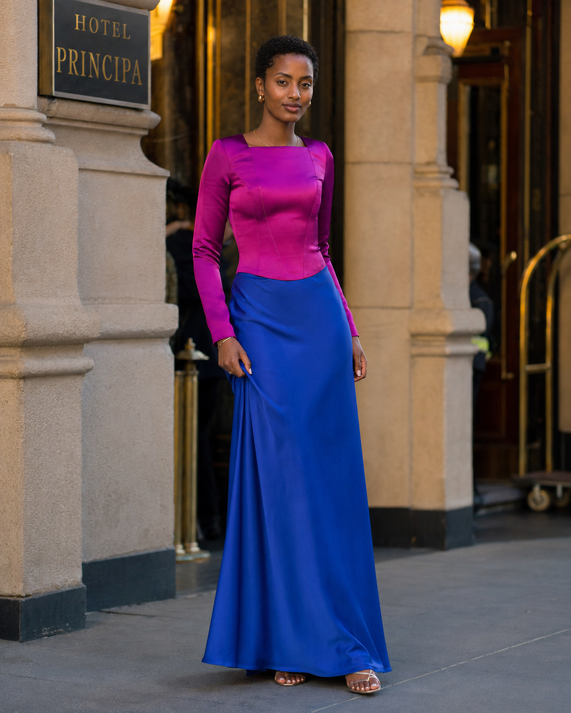 A bright fuchsia bustier top sits over a cobalt blue satin maxi skirt. The bustier has a structured sweetheart shape and thin straps. The model wears hot pink lipstick and small gold hoops.