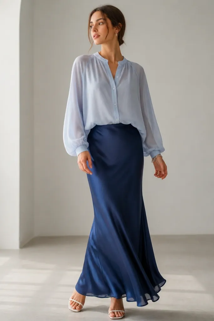 A sheer-sleeve chiffon blouse in pale blue layers over a darker blue satin maxi skirt. The sleeves are slightly billowy, and the blouse has a button front. The model wears white sandals and a silver bracelet.