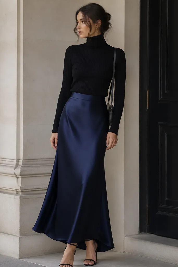 A black ribbed turtleneck sweater is tucked into a dark blue satin maxi skirt. The model wears black ankle-strap heels and a small structured shoulder bag.