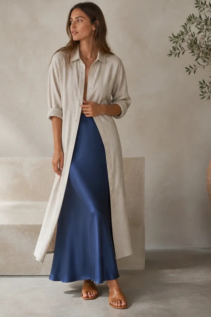 A sand linen shirt dress is worn open like a duster over a blue satin maxi skirt. The model's legs show only the skirt underneath, and she wears tan slides with a gold necklace.