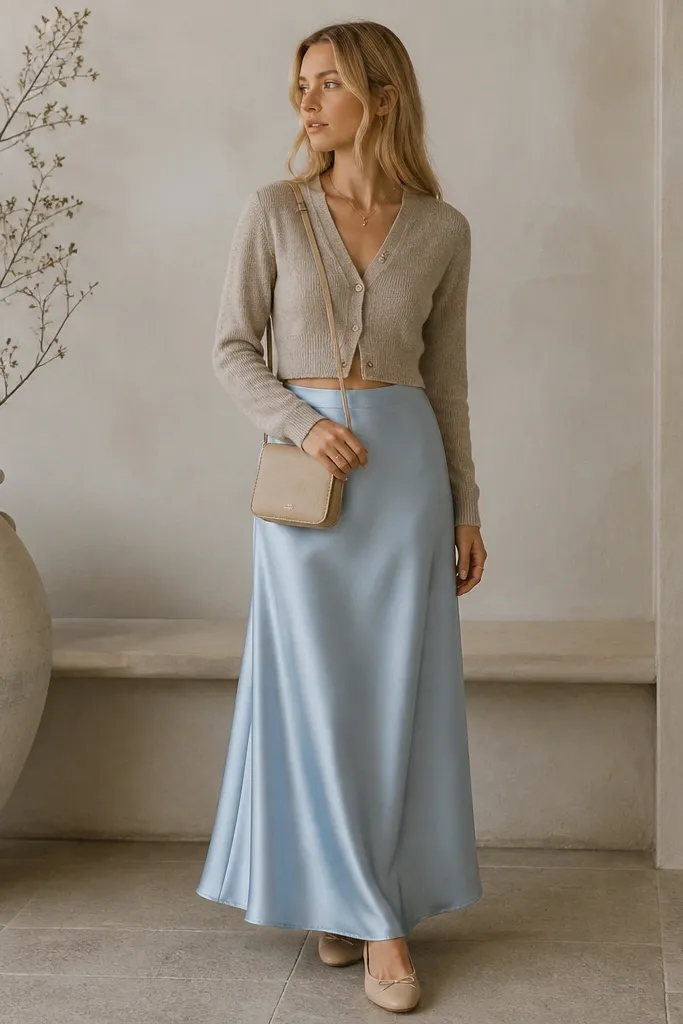 An icy blue satin maxi skirt is paired with a taupe cropped knit cardigan. The cardigan buttons up to mid-chest, and the model wears nude flats and a small crossbody bag.