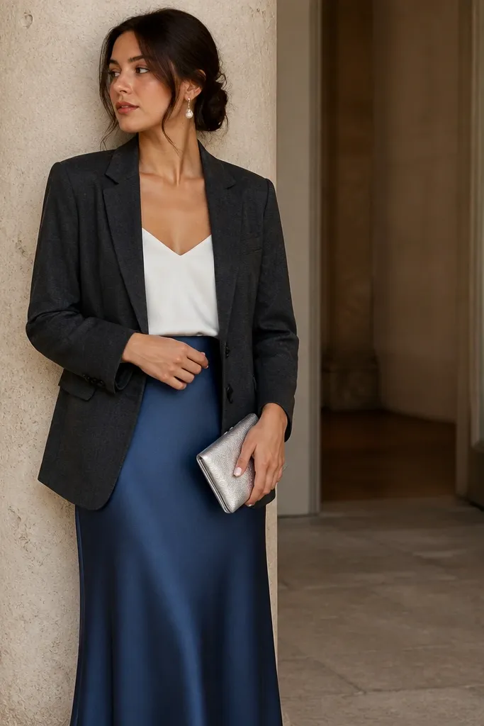 A charcoal blazer is worn over a simple white camisole tucked into a blue satin maxi skirt. Pearl drop earrings and a silver clutch finish the look.