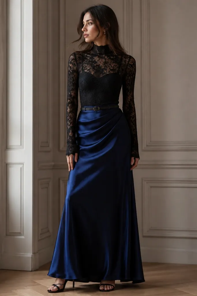 A black lace bodysuit with long sleeves is tucked into a sapphire blue satin maxi skirt. The bodysuit has a high neckline and the skirt drapes floor-length. The model wears black strappy heels and a thin belt.