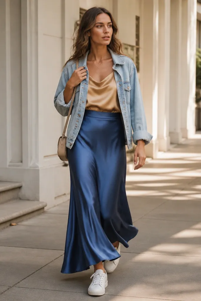 A gold satin slip top is worn under a light wash denim jacket, paired with a blue satin maxi skirt. The model wears white sneakers and a small crossbody bag.