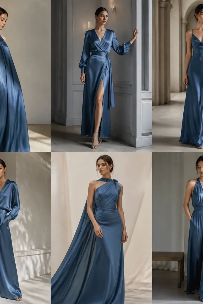 High-end luxe blue satin maxi outfit ideas