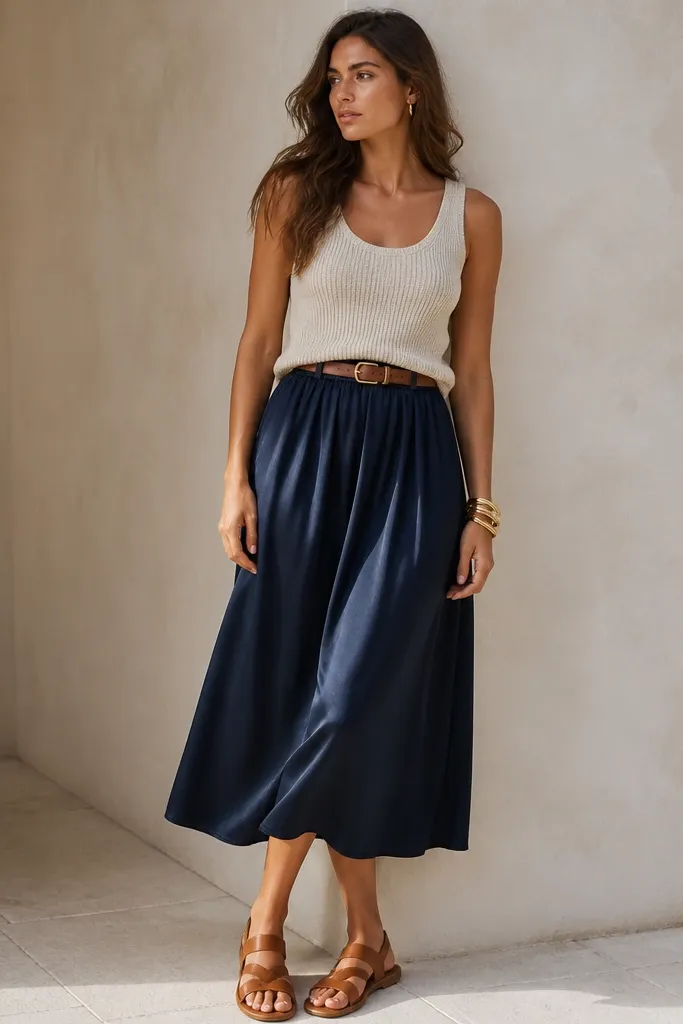 A navy blue silk midi skirt with a gathered waistband and gentle flow, styled with an oatmeal ribbed tank top tucked slightly. A tan leather belt cinches at the waist, with gold bangles and tan leather sandals.