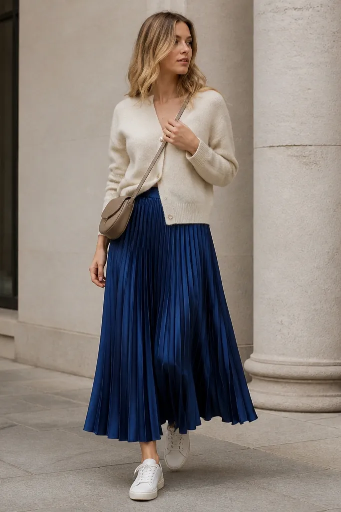 A sapphire blue pleated silk skirt with a soft accordion texture, paired with a cream cardigan that buttons at the waist. The model wears white sneakers and a small crossbody bag.
