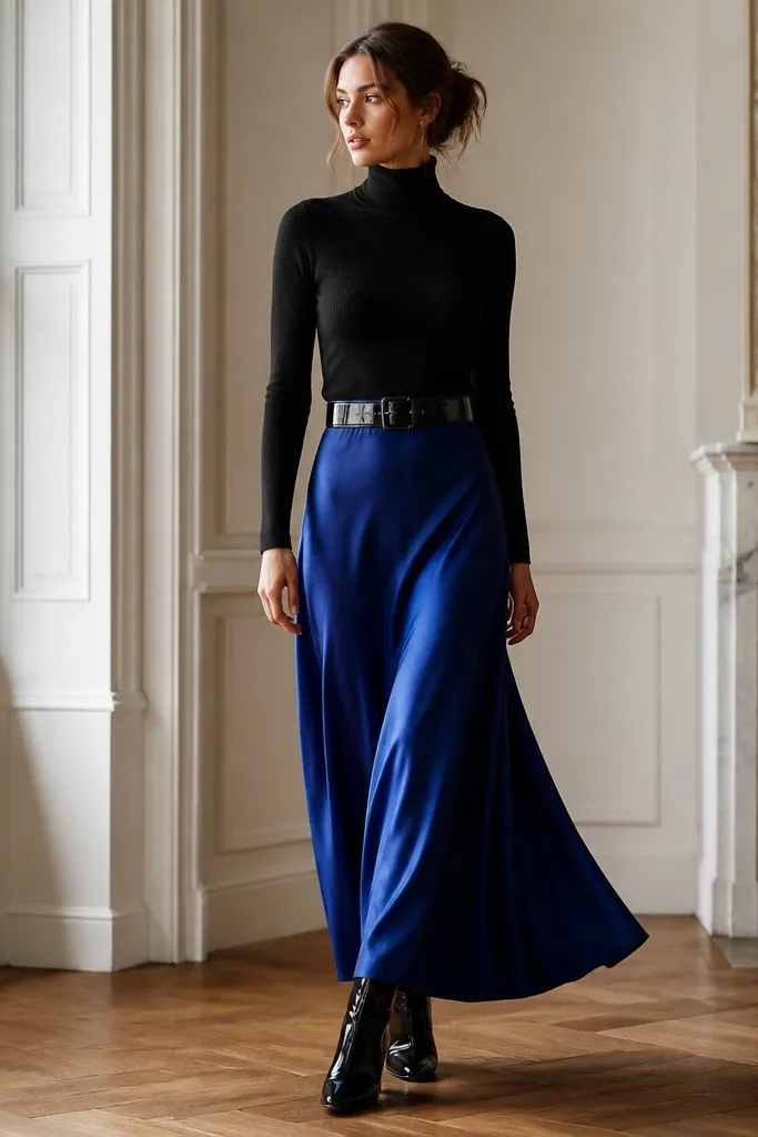 A royal blue silk skirt falling to the ankle, paired with a fitted black turtleneck sweater. A glossy black patent belt cinches the waist, and the model wears black heeled boots.