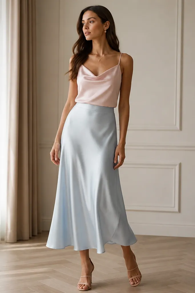 An ice-blue silk skirt with a soft sheen and gentle flare, paired with a blush satin camisole. The model wears nude strappy pumps and minimal gold jewelry.