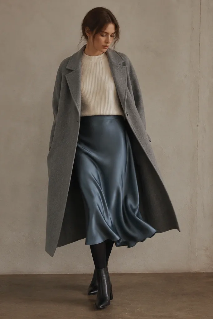A steel-blue silk skirt worn under a long gray wool coat. The model has a cream knit sweater tucked into the skirt and wears dark tights and black ankle boots.