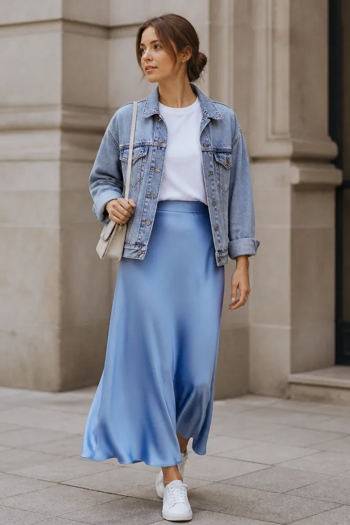 A cornflower-blue silk skirt paired with a plain white crew-neck tee and a light blue denim jacket. The model wears white sneakers and a small shoulder bag.