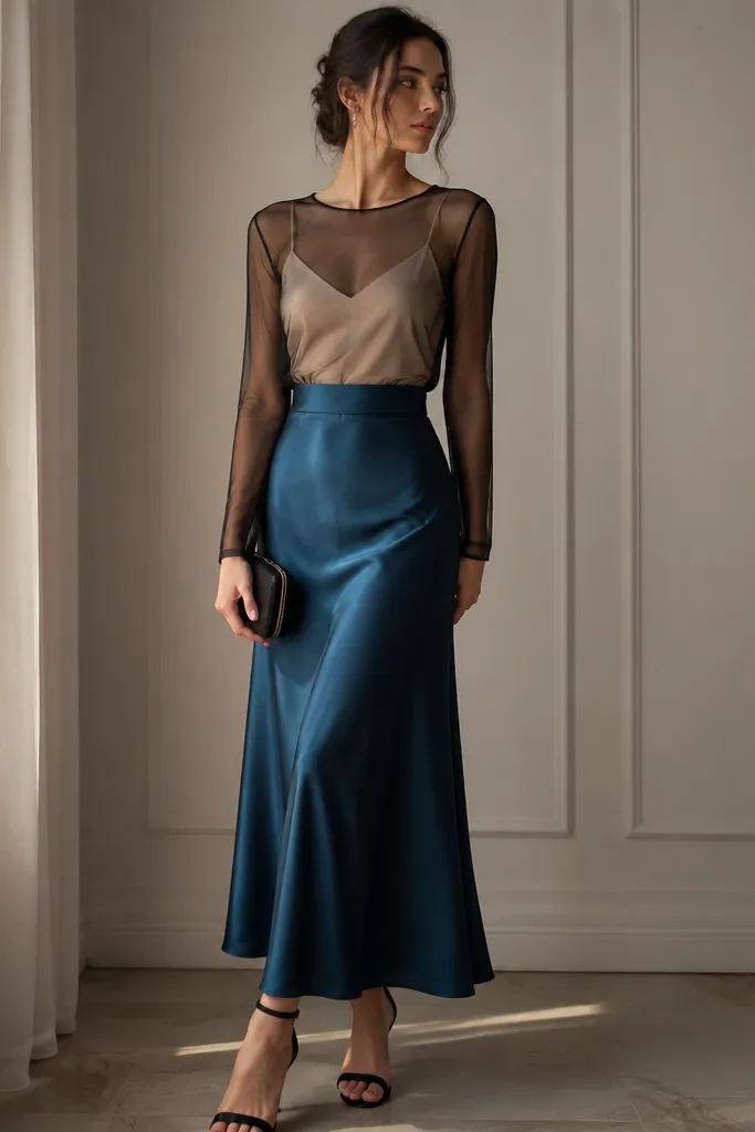 A deep teal-blue silk skirt paired with a black mesh long-sleeve top over a nude camisole. The model wears black heels and a small clutch.