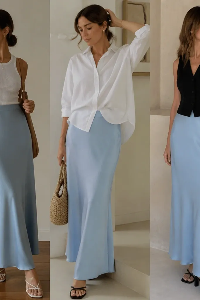 Aesthetic blue silk skirt outfit combos