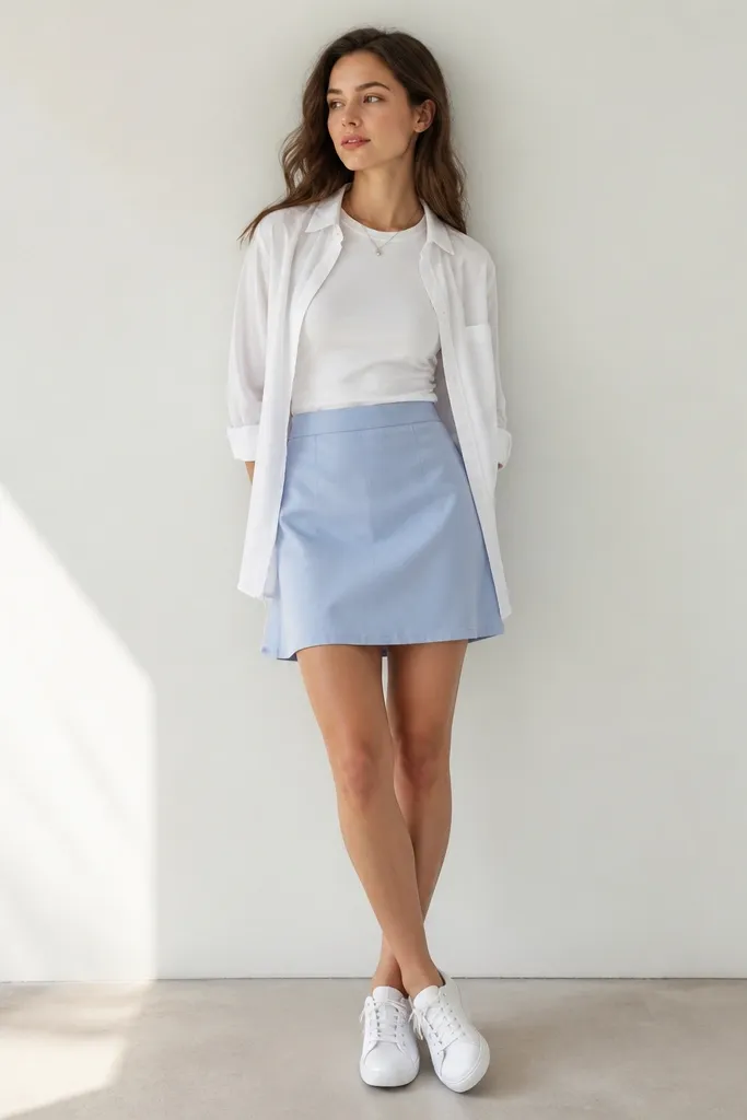 A white button-up shirt is worn open over a fitted white tee. Underneath, a sky-blue skirt with a smooth waistband. The photo shows white sneakers and a simple silver necklace.