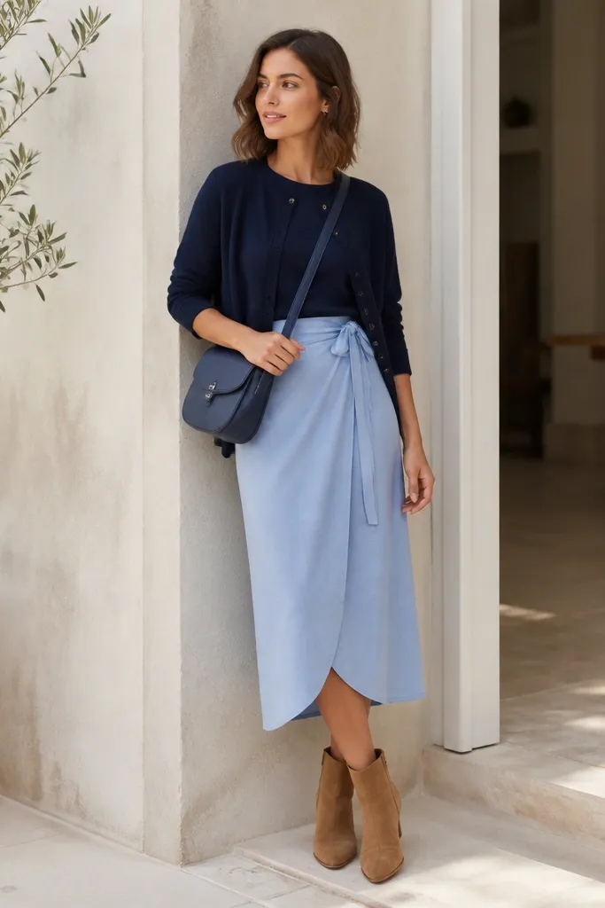 A navy cardigan is draped over a sky-blue wrap skirt. The wrap ties sit at the waist, and the skirt crosses neatly. The look is finished with tan ankle boots and a navy crossbody bag.