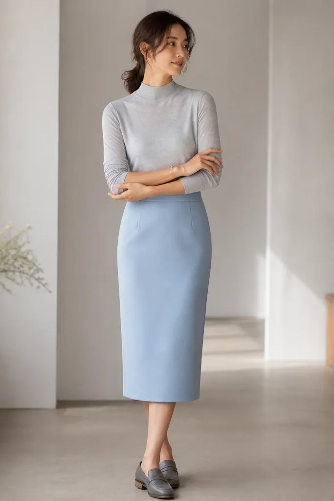 A light gray mock neck top is worn with a straight sky-blue midi skirt. The skirt hem falls just below the knee. The outfit includes gray loafers and a small silver bracelet.