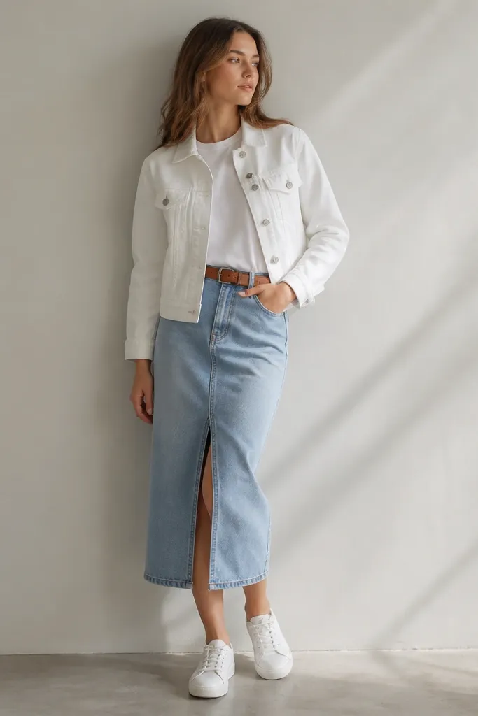A white denim jacket sits over a sky-blue denim skirt. The outfit includes a white tee and white sneakers. The photo shows double denim layering and a simple belt.