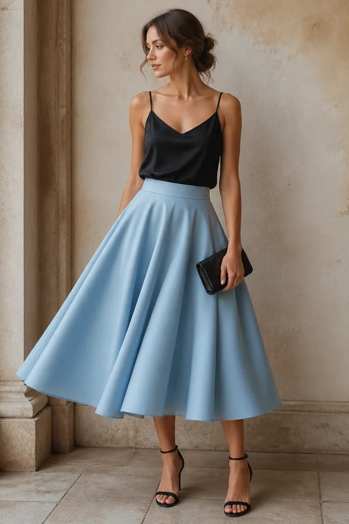 A black satin camisole is worn with a sky-blue midi circle skirt. The skirt has a full flare and a smooth waistband. The outfit includes black strappy heels and a small clutch.