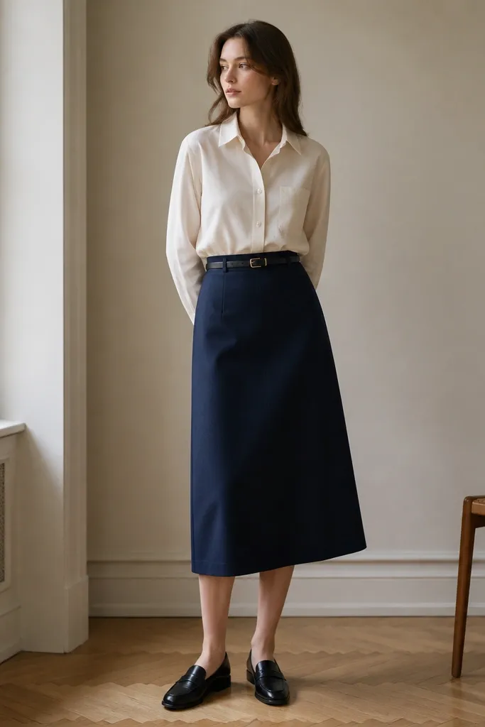 A navy-blue skirt with a mid-calf hem worn with a cream button-down shirt tucked into the waistband. A slim black belt is visible, and the shoes look like black loafers.