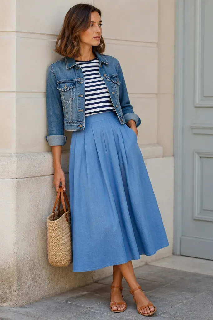 A blue skirt paired with a navy-and-white striped tee. A cropped denim jacket sits at the waist, and the look includes tan sandals or flats.