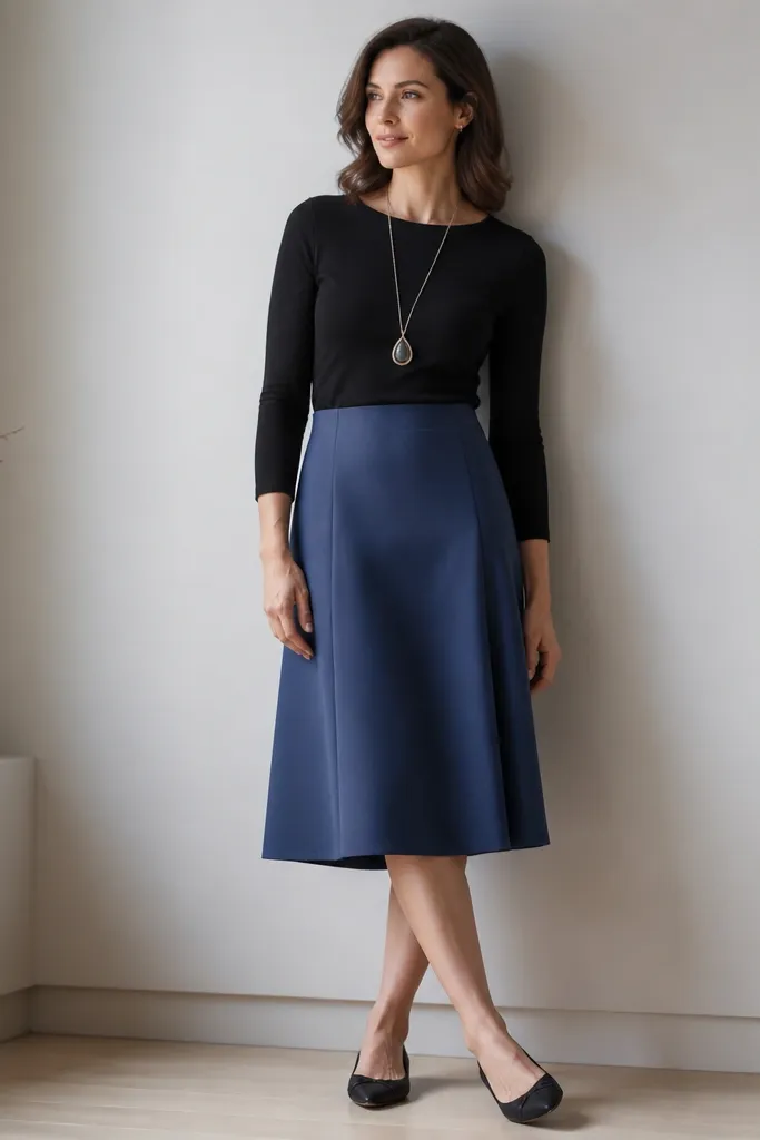 A structured ponte blue skirt with a smooth matte finish. A black fitted knit top sits over it, and a long pendant necklace hangs down the center. Shoes are black flats.
