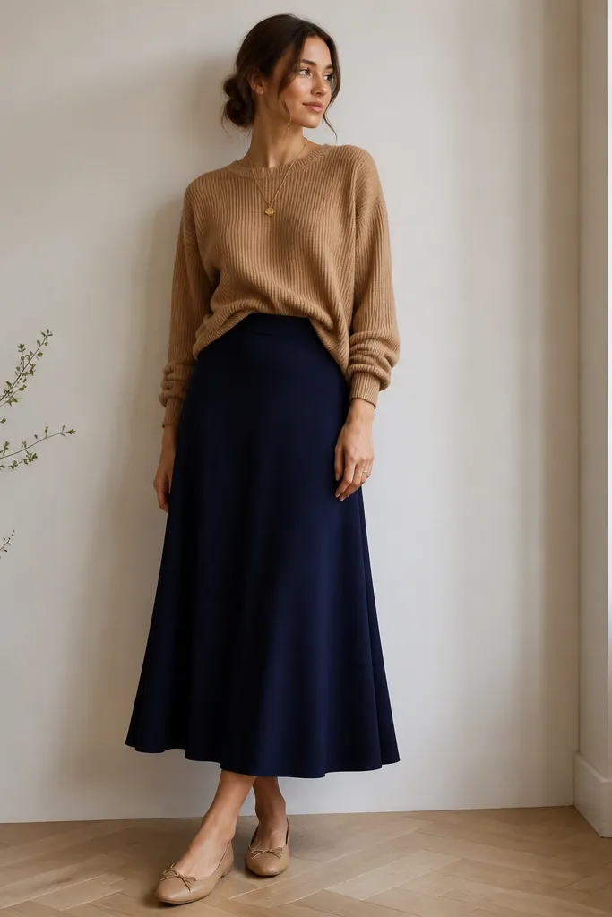 A navy-blue skirt paired with a camel knit sweater. The sweater is tucked at the front with a neat fold, and ballet flats sit under the hem.