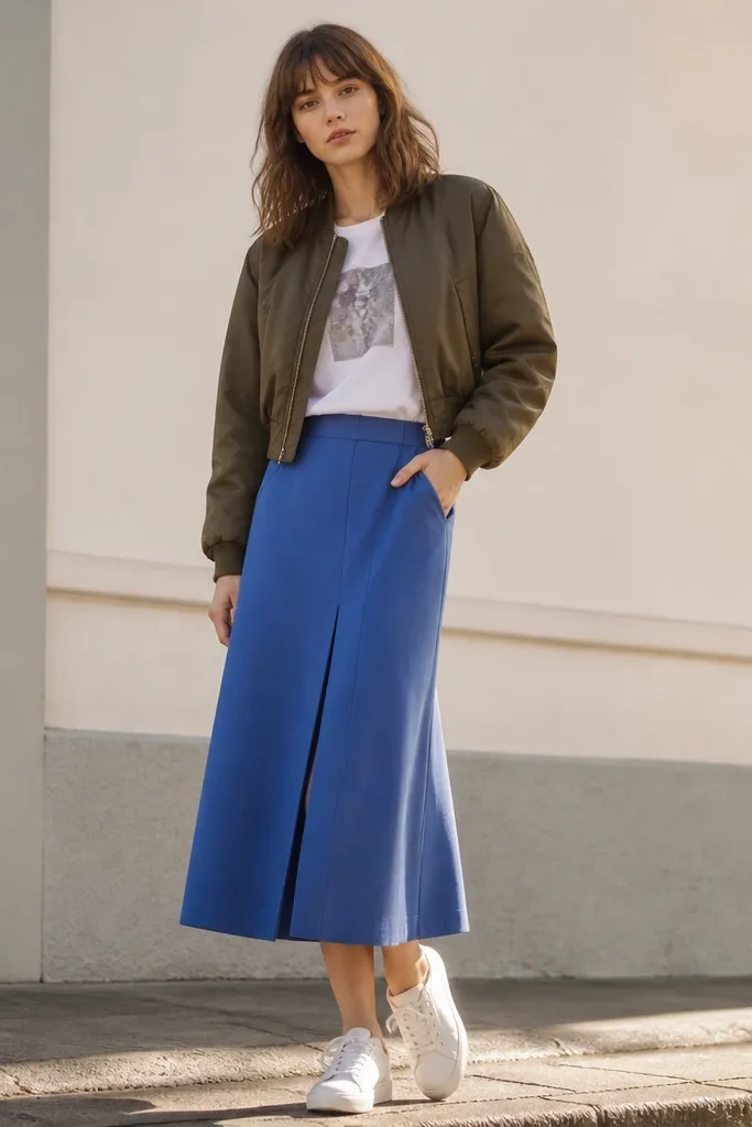 A blue skirt worn with a white graphic T-shirt. A cropped bomber jacket in olive or black sits above the waistband, and the shoes are clean sneakers.