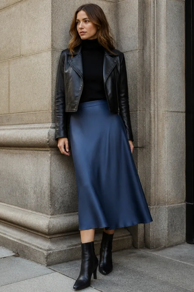 A blue skirt paired with a black turtleneck sweater. A short leather jacket ends around the waist, and black ankle boots are visible.