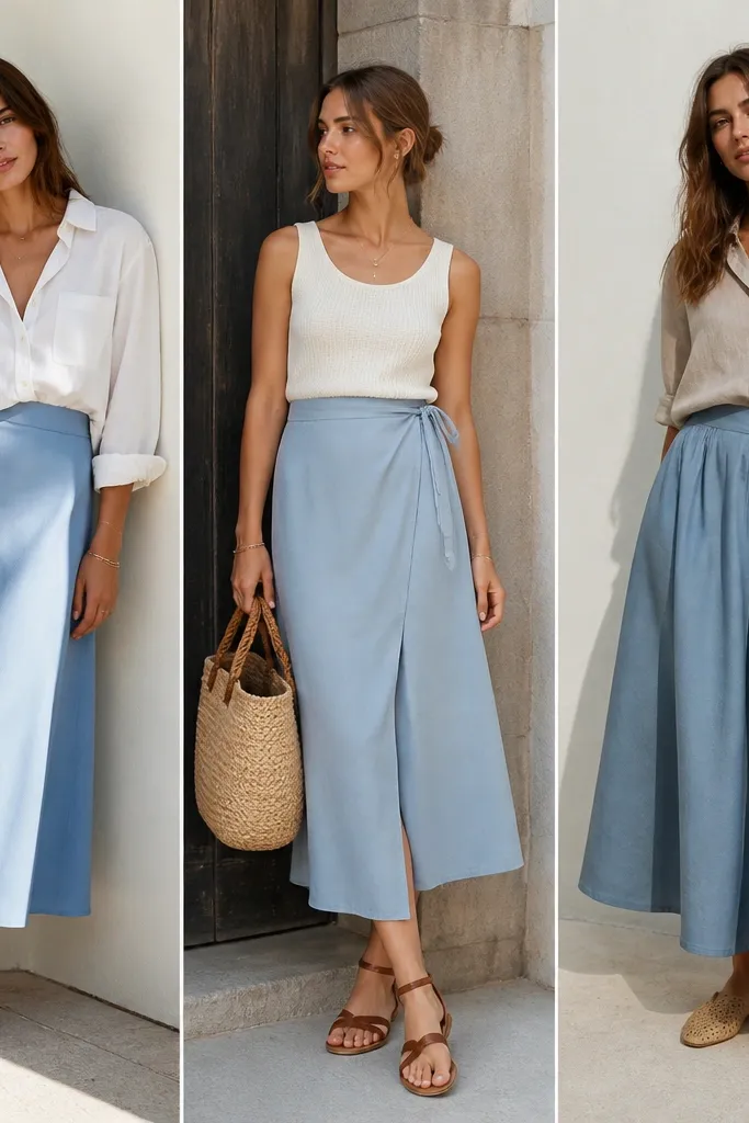 Low-maintenance blue skirt outfit ideas