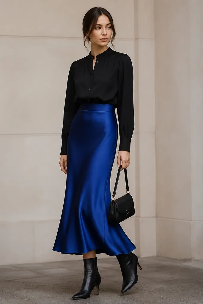 A cobalt blue satin skirt with a matte black long-sleeve blouse that has subtle buttons. The blouse is tucked with a slight gathered waist seam. The outfit includes black ankle boots and a small black handbag.