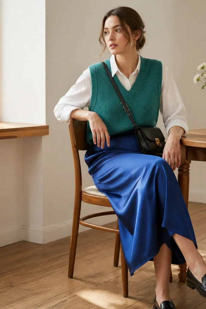 A teal sweater vest layered over a white long-sleeve shirt, tucked into a royal blue satin skirt. Black loafers and a crossbody bag are visible. The sweater vest knit texture contrasts with the satin shine.