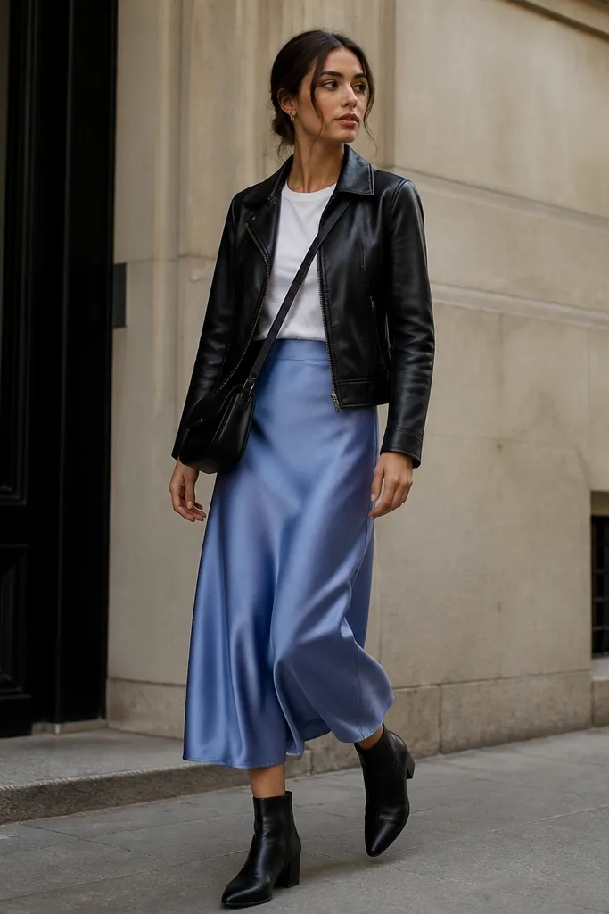 A black leather jacket worn over a white crew-neck tee tucked into a periwinkle blue satin skirt. The outfit includes black ankle boots and a crossbody bag. The jacket zips at the waist, showing the skirt sheen.