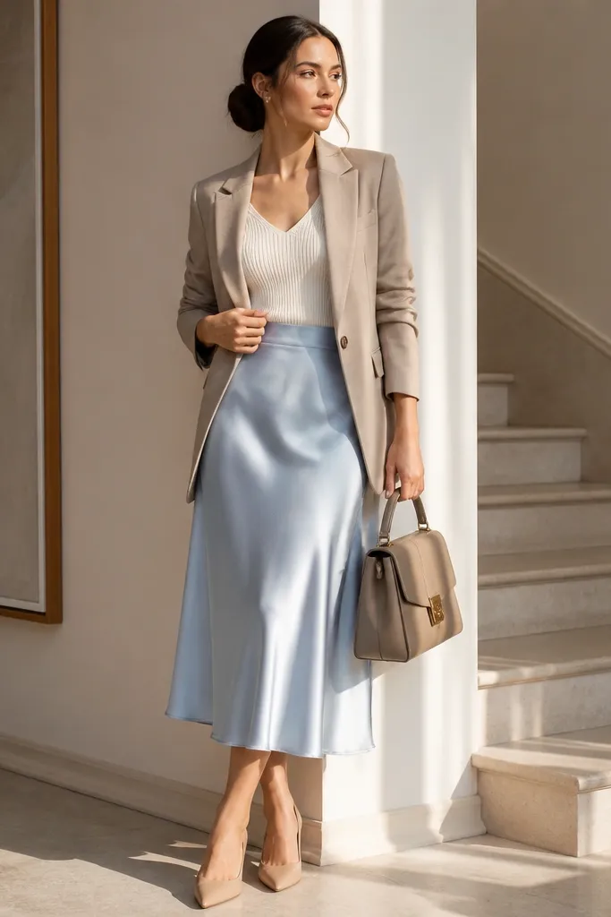 A powder blue satin midi skirt paired with a cream knit top and a taupe blazer. The outfit is styled with beige pumps and a structured handbag. The satin catches light at the mid-calf folds.