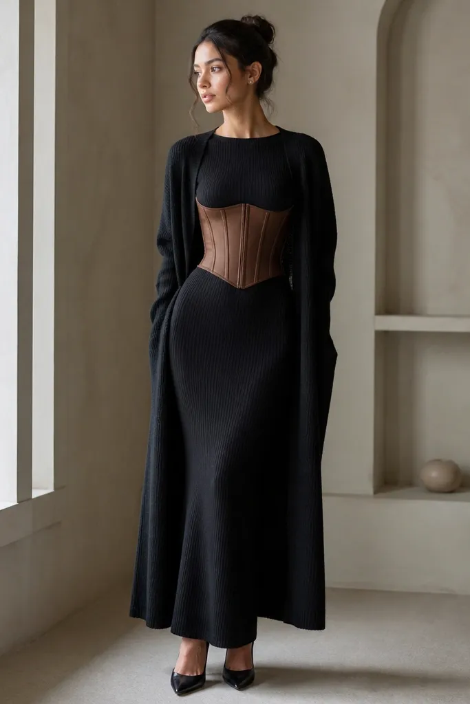 A brown corset worn over a black ribbed bodysuit, paired with a black knit pencil skirt. The skirt has a high-rise waist and a clean hem at the ankle. The styling includes a long black cardigan and simple silver studs.