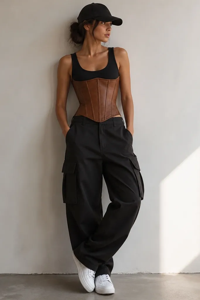 A cognac brown corset with visible boning worn over a black fitted tank. It's paired with black cargo pants with oversized pockets. The outfit includes a black baseball cap and white sneakers.
