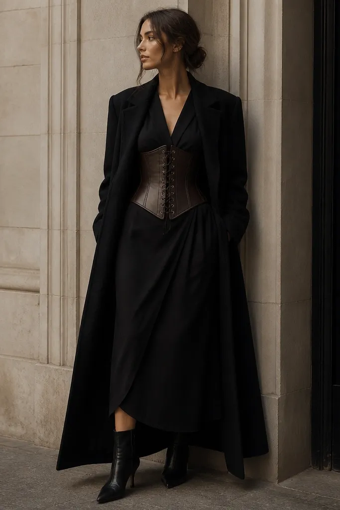 A chocolate brown corset worn over a black wrap dress. The wrap dress has a V-neck and ties at the waist. The corset laces down the center front, and the wrap tie is tucked. The outfit includes black ankle boots and a long black coat.