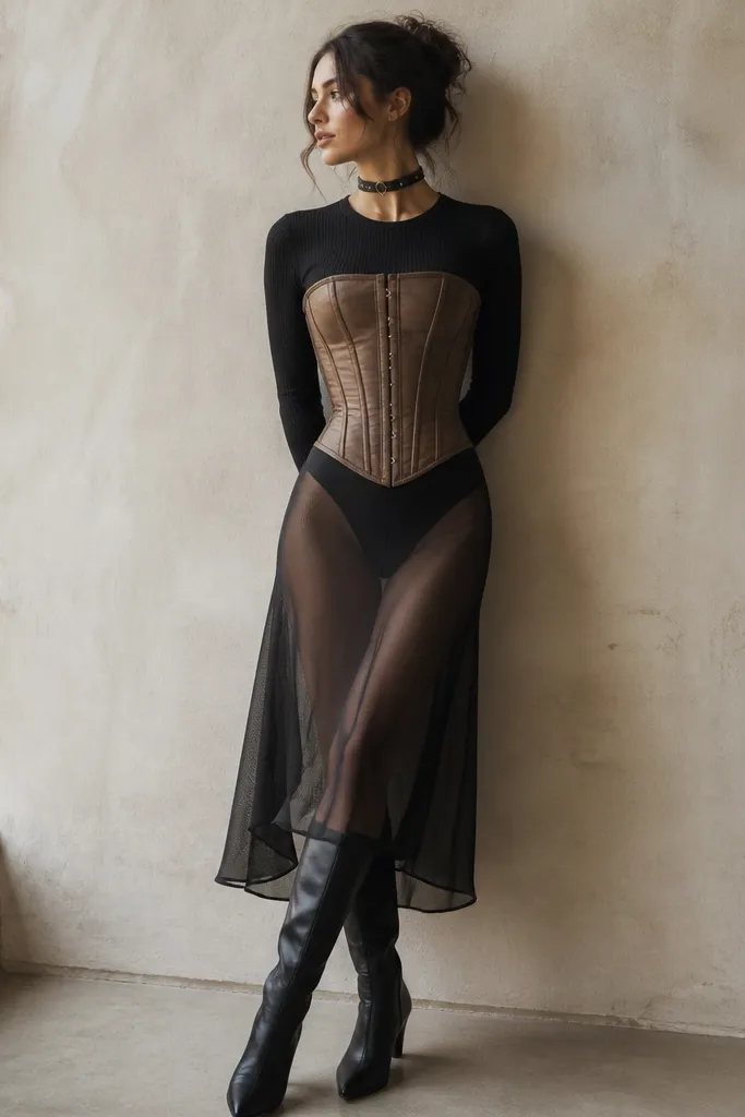 A brown corset over a black ribbed bodysuit, paired with a black sheer mesh midi skirt. The skirt shows the bodysuit underneath. The styling includes black knee-high boots and a black choker necklace.