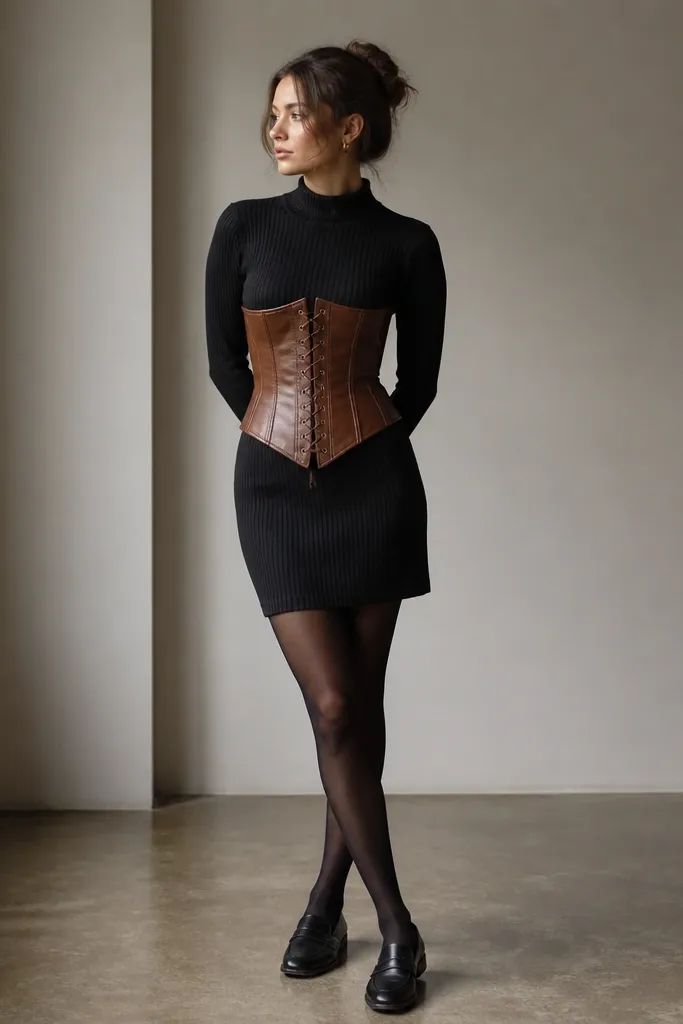 A cognac brown corset worn over a black ribbed sweater dress. The sweater dress has a high neckline and long sleeves. The corset laces in front, and the styling includes black tights and loafers.