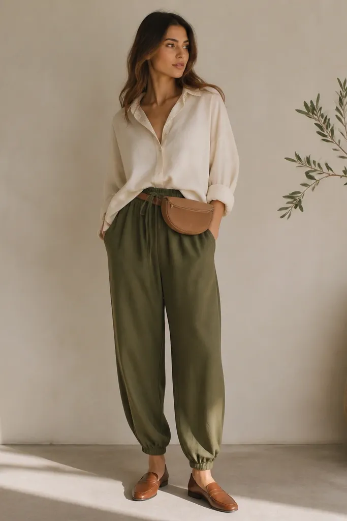 Olive baggy joggers with a soft drape are shown with a cream button-up shirt. The shirt is half-tucked at the front, with the back hanging looser. Brown loafers and a belt bag in tan are visible.