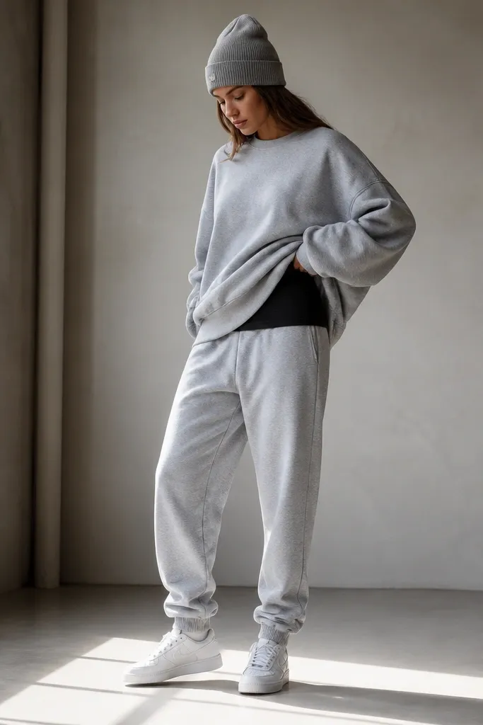Light gray baggy joggers with a tapered ankle stack are paired with an oversized heather sweatshirt. Under the sweatshirt, fitted black biker shorts peek slightly at the hem. White sneakers and a gray beanie are pictured.