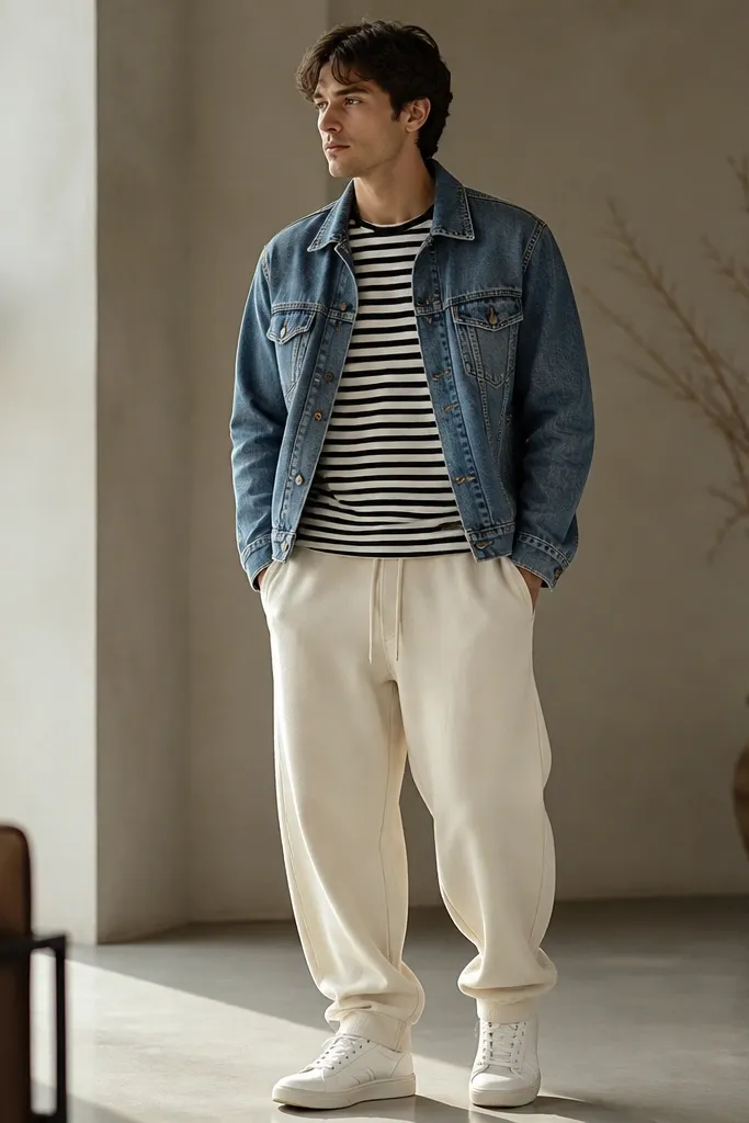 Cream baggy joggers are styled with a black-and-white striped tee. A medium-wash denim jacket is worn open over the tee. The hem of the joggers stacks slightly above the shoe tops.