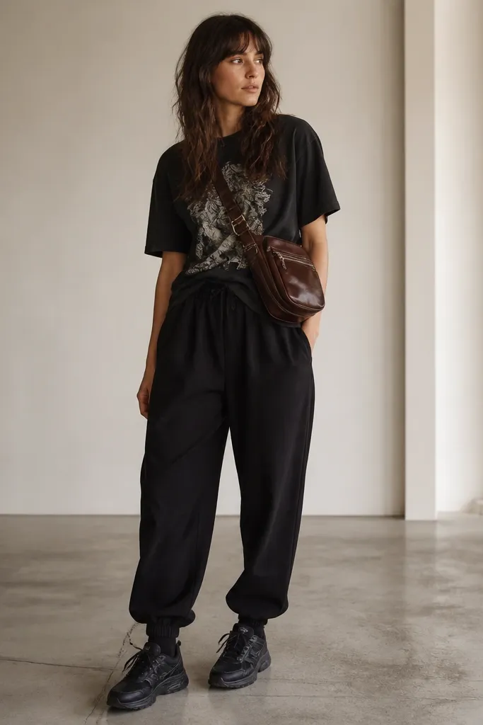 Black baggy joggers paired with a black graphic tee. The tee has a short front tuck at the waistband, leaving the back hanging. A brown leather crossbody bag sits across the torso and black sneakers show.