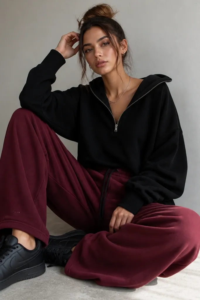 Burgundy baggy joggers with a soft drape are paired with a black half-zip hoodie worn partially unzipped. A small silver chain peeks at the neckline. Black sneakers finish the look.